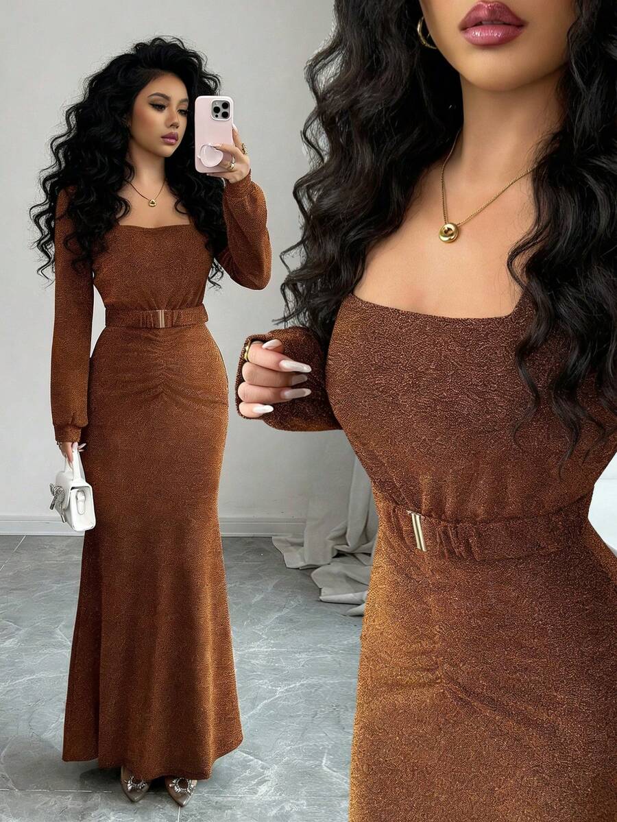 Elenzga Elegantes, sexy glitzerndes Kleid mit quadratischem Ausschnitt, Langarm, Gürtel und Meerjungfrau-Silhouette, schmeichelhaft für Party, Date, Herbst/Winter/Frühling