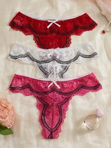 3pcs Women's Lace Floral Bow Hollow Out Design Panty Set - Multicolor - View 5