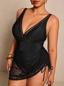 Elaquor Traje de baño de una pieza sexy con escote en V profundo de unicolor para mujer de talla grande - Negro - Ver 3
