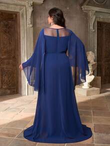 Aureia 大码优雅奢华藏蓝色亮片刺绣雪纺圆领喇叭袖连衣裙，适合晚宴、约会、舞会、度假、婚礼、情人节等场合。 - 藍色 - 查看 5