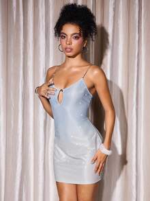 Y2Kool BiGraphic Valentine's Day Women's Sexy Casual Hot Girl Fashion Party Dress Blue-White Gradient Sequins Glitter Metallic Diamond Spaghetti Strap Fitted Mini Dress - Blue and White - View 4