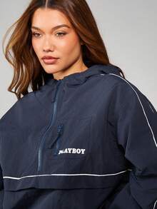 Missguided x Playboy Áo khoác gió có mũ trùm đầu và khóa kéo nửa phía trước cho các hoạt động ngoài trời thường ngày - Màu xanh lam - Xem 4