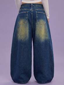 COUREZ 低腰宽松牛仔裤，浅蓝色水洗，街头休闲，Y2K风格，休闲音乐节风格，棉质牛仔布，复古棉质 - 藏蓝色 - 查看 5