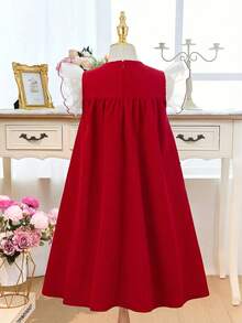 SHEIN Tween Girl Color Block Bow Accent Flutter Sleeve A-Line Dress, Round Neck Flutter Sleeve Dress - Red - View 2