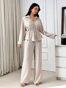 EURMUSE Drawstring Waist Shirt Set, Relaxed Fit Silhouette, Wide-Leg Pants, Soft Textured Fabric, Collared Button-Down Top, Effortless Minimalist Style, Timeless Taupe Tone, Comfortable Everyday Chic
