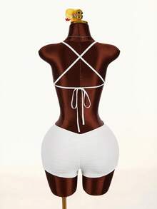 Amplova Women's Avant-Garde Backless Metallic Shell Decor Halter Top Bikini Two Piece Set Shorts Bathing Suit,All White,Summer,Cow Boy,Gym - White - View 4