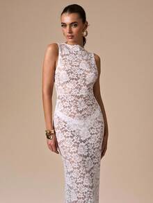 SHEIN BAE 1 pieza Vestido largo de sirena elegante para mujer, vestido de encaje blanco, vestido para ocasiones formales, moda de otoño, dinero antiguo, minimalista sexy, vestido de cóctel para fiesta, con forro transparente negro para otoño/invierno - Blanco - Ver 6