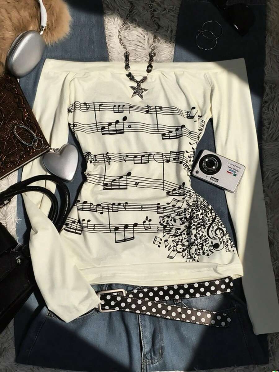 Glimmora 女士复古露肩长袖修身T恤，饰有音符印花，时尚百变，复古Y2K风格，质感面料，姐妹礼物，返校季服装，节日礼物 - 彩色 - 查看 1