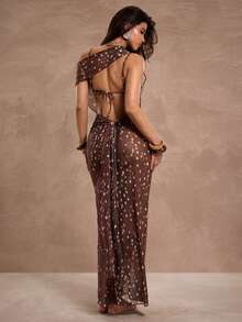 SHEIN BAE 女士印花极简日常穿搭不对称肩部透视泳衣罩衫 - 棕色 - 查看 3