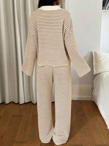 Siren Gaze 女士两件套宽松条纹V领落肩长袖T恤和松紧腰条纹裤，冬季毛衣套装，秋冬季 - 彩色 - 查看 2