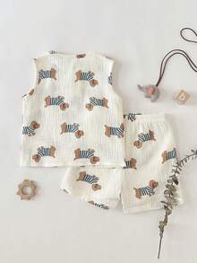 SHEIN 男婴腊肠犬印花背心和短裤休闲套装 - 彩色 - 查看 2