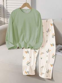 Tween Girls 2pcs Pajama Set - Green Long Sleeve Top & Floral Print Pants, Sleepwear - Green - View 5