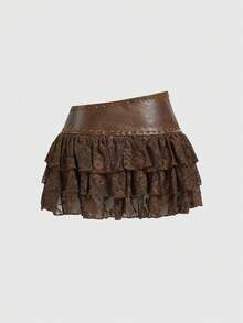 ROMWE Hippie Country Sports Chic Polka Dot Contrast Color Patchwork Double Layer Pleated Women Low Waist Mini Skirt - Multicolor - View 2