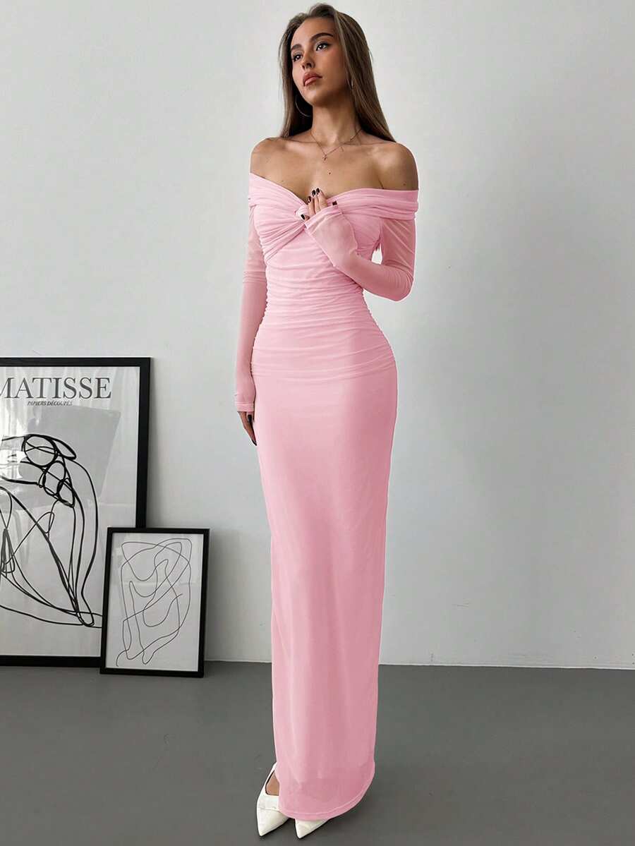 Aloruh Off Shoulder Romantic Date Dress With Mesh, Twist Knot, Ruched Detail, Long Sleeve ,Summer Dress - Baby Pink - View 1