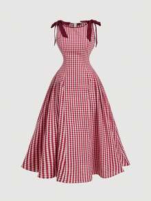 SHEIN MOD 加大码圆领无袖撞色滚边蝴蝶结装饰腰部喇叭格子连衣裙，圣诞节和新年 - 紅白色 - 查看 4