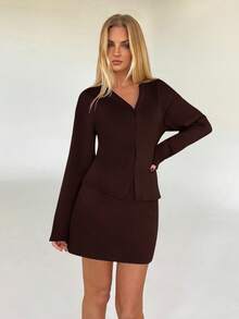 Aloruh Women's Elegant Front Hook Gigot Sleeve Top And High Waist Bodycon Skirt 2 Pieces Outfit Set, Black - Brown - View 4