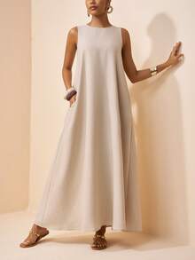 Zivah 2026春夏新款情人节、音乐节、复活节、西部风、波西米亚风、纳什维尔风格无袖宽松A字连衣裙，带真口袋，竹纤维面料，浅卡其色 - 卡其色 - 查看 10