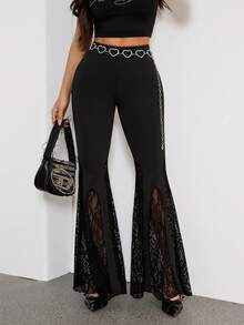 SHEIN PETITE 女士秋冬四季哥特Y2K颓废风万圣节夜店装扮性感乡村音乐会Y2K黑色蕾丝小码喇叭裤 - 黑色 - 查看 7