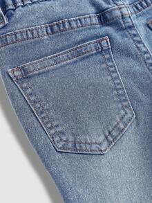 Young Girl' Pink Floral Embroidered Retro Blue Denim Elastic Skinny Flare Pants - Blue - View 5