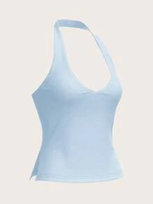 SHEIN BASICS Women's Casual Solid Color Knit Halter Top/Summer - Blue - View 7