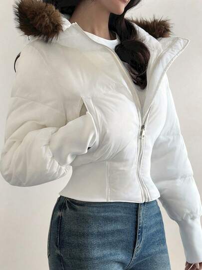 DAZY Women's Padded Coat With Hood, Feather Patchwork Trim, Fitted European Style, Black Short Padded Coat With Fur Collar And Loose Fit