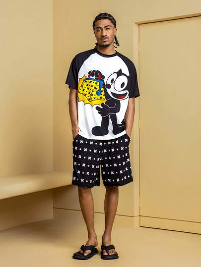 Felix The Cat X SHEIN Ensemble de vêtements de détente pour hommes avec Top à manches courtes avec graphique de dessin animé en blocs de couleurs et short de couleur unie
