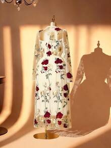 Rometta Elenzga 大码女式优雅时尚通勤休闲舒适迷人复古派对假日修身网纱3D刺绣花卉连衣裙 - 彩色 - 查看 2