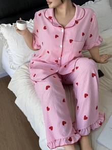 Napfluff CURVE Bộ đồ ngủ cỡ lớn có bèo nhún, họa tiết sọc, hình trái tim, cổ ve áo - Hồng - Xem 6