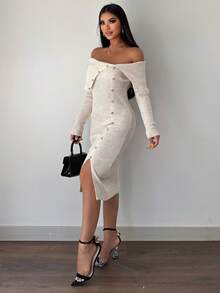 EURMUSE Foldover Off Shoulder Button Front Split Thigh Sweater Dress - Beige - View 3