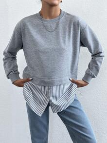EURMUSE Contrast Striped Print Button Detail 2 In 1 Sweatshirt - Light Grey - View 4