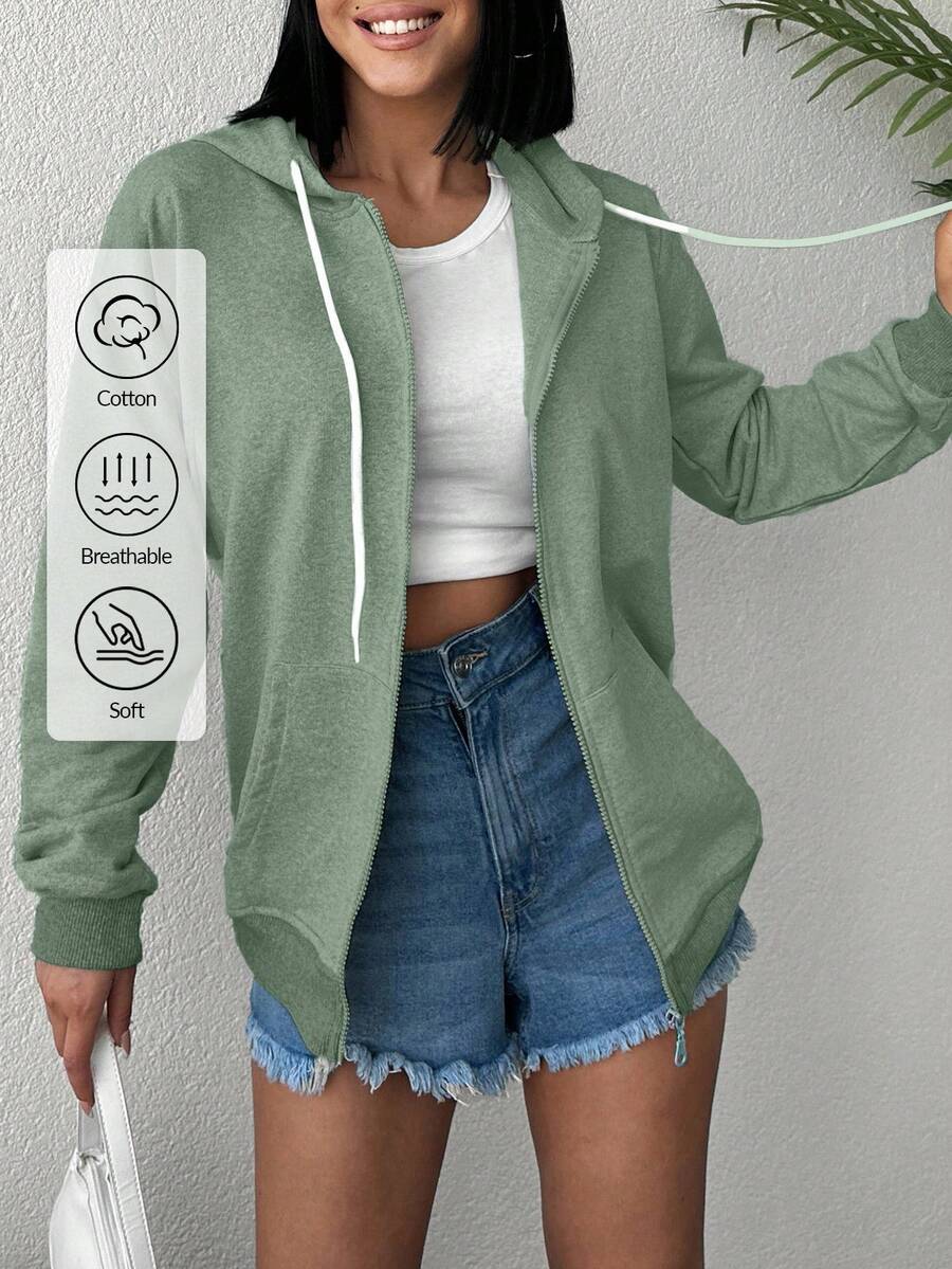 EURMUSE 100%Cotton Women Zip Up Drawstring Hoodie - Mint Green - View 1