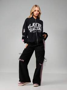 Missguided x Playboy Oversized Washed Distressed Graphic Full Zip Hooded Sweatshirt With Drawstring And Centre Pocket - Black - View 6