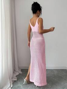 SHEIN Elenzya 女士无袖花卉装饰镂空针织长裙 - 粉色 - 查看 2
