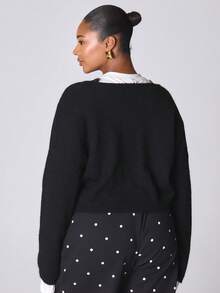 MUSERA V领针织短款蕾丝边套头衫，冬季新年可爱性感外出晚宴派对点缀