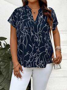 SHEIN LUNE 大码女士休闲短袖衬衫，简约时尚，适合春夏度假穿着。 - 藏蓝色 - 查看 4