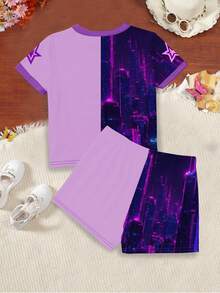 Sparklyn 少女时尚休闲两件套，流行音乐女团闪亮图案数码印花，适合暑期学校活动和日常穿着。 - 彩色 - 查看 2