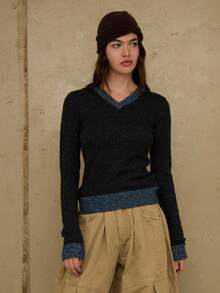 COUREZ 缩水V领套头衫/Y2K秋冬女装休闲外出上衣女式冬季毛衣新年穿搭 - 黑色 - 查看 2