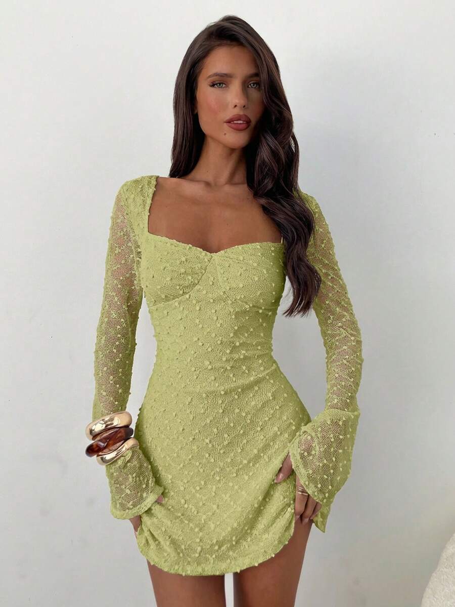 Aloruh Women's Elegant Square Neck Ruched Flare Sleeve Fitted A-Line Mini Dress Light Green Dress