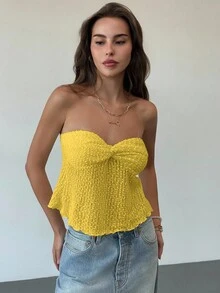 Aloruh Romantic Sexy Yellow Twist Hollow Textured Ruffle Hem Tight Crop Top For Women - Yellow - View 3