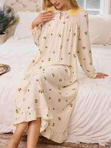 FloralLove 浪漫花卉印花彼得潘领荷叶边下摆宽松长款睡裙，适合女性，情人节适用 - 黃色 - 查看 5