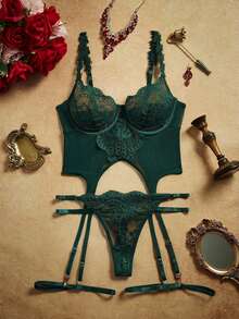 Conjunto de ropa interior sexy para mujer de 4 piezas con encaje y malla de contraste con aros - Verde Oscuro - Ver 5