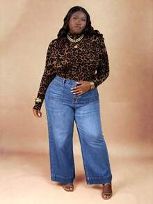 CurvyTilda Plus Size Women Button Pocket Casual Wide Leg Jeans Casual Street Patchwork Pocket Loose Wide Leg Jeans Women Jeans Baggy Loose Jeans Thermal Denim Autumn And Winter New Styles, For Hourglow & Hourglass Body Shape - Blue - View 4