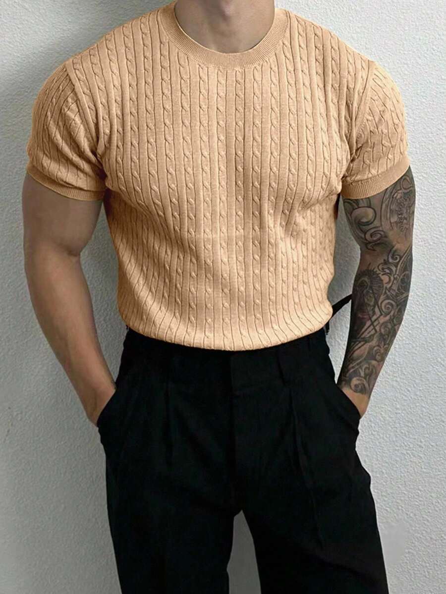 Manfinity Homme Suéter de cuello redondo de unicolor con mangas raglán y tejido de punto de cable para hombre - Champán - Ver 1