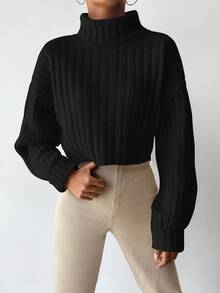 EURMUSE Turtleneck Drop Shoulder Ribbed Knit Sweater - Black - View 4