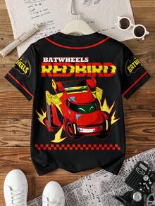 Batwheels X SHEIN Tween Boy Casual Everyday Commute Fashion Street Cartoon Car & Letter Print Contrast Piping Short Sleeve T-Shirt, Summer - White - View 2