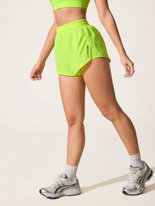 SHEIN Sovereign Charm Quần short thể thao dáng ôm, đa năng, màu vàng neon, phối lưới, có túi. - Màu vàng - Xem 7