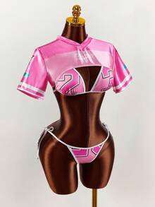 Amplova Women's Shiny Pink Jersey Style Numbered Swimsuit Set, Sexy & For Beach Vacation - Multicolor - View 4