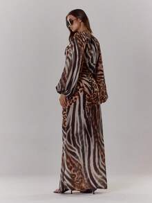 MUSERA Deep V Neck Loose Fit Tassel Detail Zebra Print Elegant Long Sleeved Maxi Dress For Spring Summer Vacation Wedding Guest Ibiza Holiday Festival  Long Dress - Multicolor - View 2