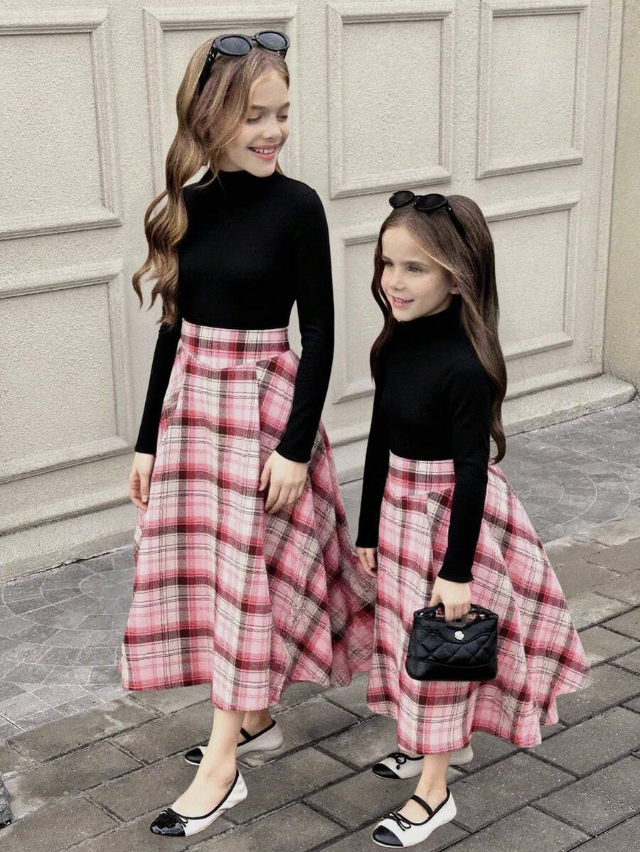 少女高领长袖上衣和百褶格子迷你裙套装 - 彩色 - 查看 1