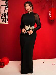 Cravure Plus Size Women's Elegant Knit Mesh Sleeve Mandarin Collar Gold Embellished Dress - Black - View 6
